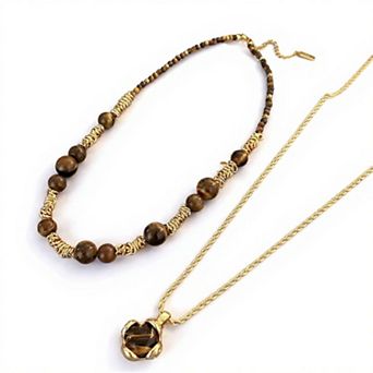 Women's Layered Necklace Set with Beaded Choker and Gemstone Pendant