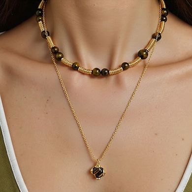 Women's Layered Necklace Set with Beaded Choker and Gemstone Pendant