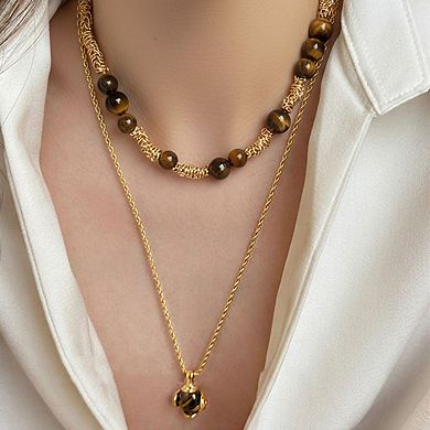 Women's Layered Necklace Set with Beaded Choker and Gemstone Pendant