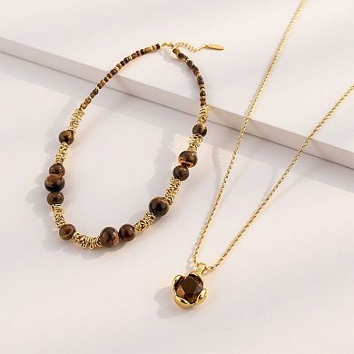 Women's Layered Necklace Set with Beaded Choker and Gemstone Pendant