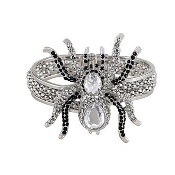 Women's Silvery Toned Rhinestones Clear Black Spider Textured Halloween Bangle Bracelet