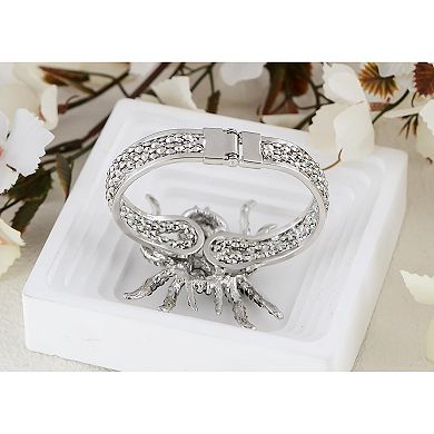 Women's Silvery Toned Rhinestones Clear Black Spider Textured Halloween Bangle Bracelet