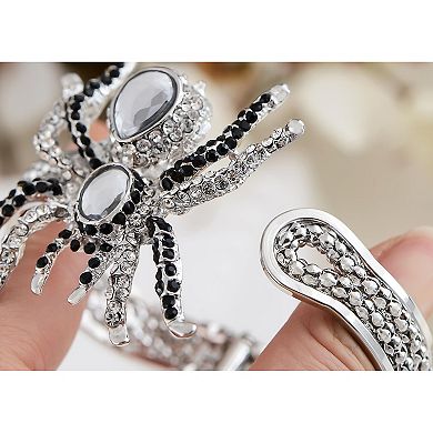 Women's Silvery Toned Rhinestones Clear Black Spider Textured Halloween Bangle Bracelet