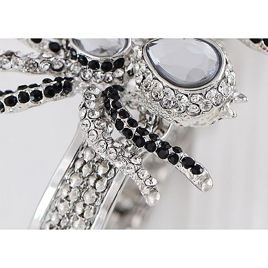 Women's Silvery Toned Rhinestones Clear Black Spider Textured Halloween Bangle Bracelet