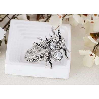 Women's Silvery Toned Rhinestones Clear Black Spider Textured Halloween Bangle Bracelet