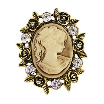 Vintage Inspired Crystal Rhinestone Victorian Lady Cameo Maiden Flower Brooch Pin, Gold Flower