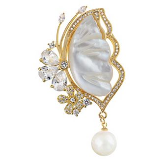 Zircon Rhinestone Crystal Butterfly Brooch Pins Sea Fritillaria Pearl Elegant Shawl Accessories