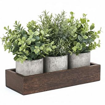 KSIZUIS 3 Pack Mini Artificial Eucalyptus Plants With Wood Tray Farmhouse Table Decor