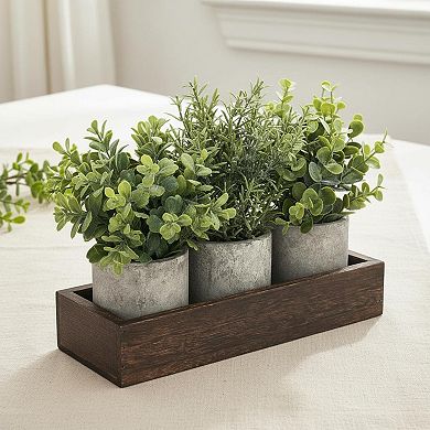 KSIZUIS 3 Pack Mini Artificial Eucalyptus Plants With Wood Tray Farmhouse Table Decor