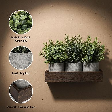 KSIZUIS 3 Pack Mini Artificial Eucalyptus Plants With Wood Tray Farmhouse Table Decor