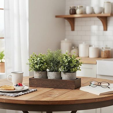 KSIZUIS 3 Pack Mini Artificial Eucalyptus Plants With Wood Tray Farmhouse Table Decor