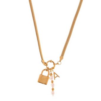 Gold-Tone Lock Pendant Fashion Necklace with Pearl and Initial Charm Details
