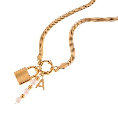 Gold-Tone Lock Pendant Fashion Necklace with Pearl and Initial Charm Details