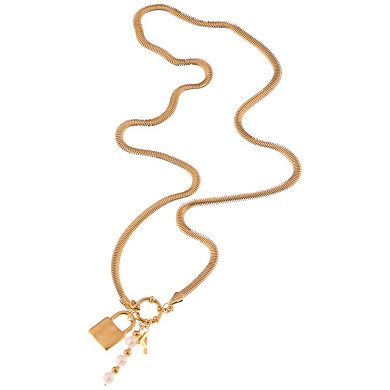 Gold-Tone Lock Pendant Fashion Necklace with Pearl and Initial Charm Details