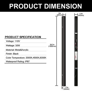 39.3in Linear Outdoor Light Black IP67 Waterproof Remote 30W LED Adjustable CCT for Garage