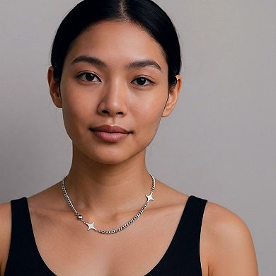 Women's Star Accent Chain Necklace with Dual Texture Bead and Link Design