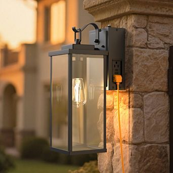 16 in Outdoor Wall Sconce Black Clear Glass Light Sensor E26 Base for Exterior Patio Garage