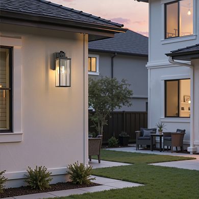 16in Outdoor Wall Sconce Black Clear Glass Light Sensor E26 Base for Exterior Patio Garage