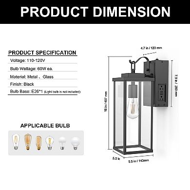 16in Outdoor Wall Sconce Black Clear Glass Light Sensor E26 Base for Exterior Patio Garage
