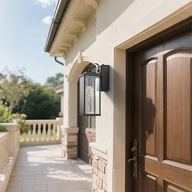 16in Outdoor Wall Sconce Black Clear Glass Light Sensor E26 Base for Exterior Patio Garage