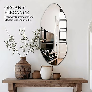 KSIZUIS 32"x14"Frameless Irregular Wavy Wall Mirror - Modern Boho Design for Entryway & Bathroom