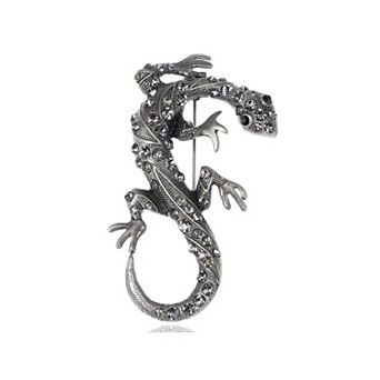 Womens Antique Silver Tone Grey Rhinestones Vintage Gothic Gecko Lizard Long Brooch Pin
