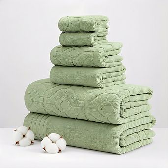 KSIZUIS 6 pc Combed Cotton Yarn Dyed Diamond Gate Jacquard Towel Set-Seafoam
