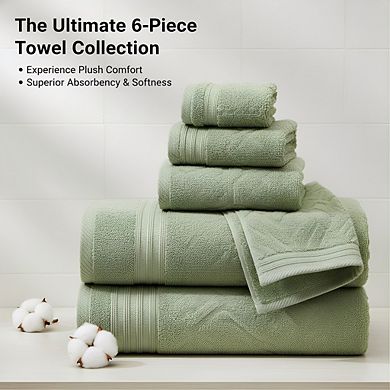 KSIZUIS 6-Piece Combed Cotton Yarn Dyed Diamond Gate Jacquard Towel Set-Seafoam