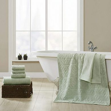 KSIZUIS 6-Piece Combed Cotton Yarn Dyed Diamond Gate Jacquard Towel Set-Seafoam