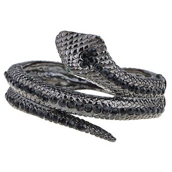 Womens Gunmetal Tone Black Rhinestones Antique Snake Wrap Bangle Bracelet