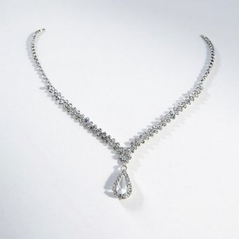 Women's Rhinestone Necklace with Teardrop Crystal Pendant and V-Shaped Chain Design