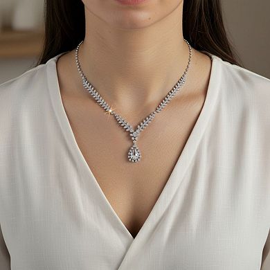 Women's Rhinestone Necklace with Teardrop Crystal Pendant and V-Shaped Chain Design