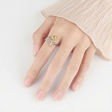 Women's Sunflower Adjustable Ring with Delicate Leaf Accent and Silver Tone Band 0.6in