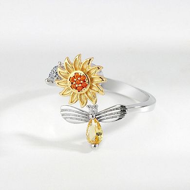 Women's Sunflower Adjustable Ring with Delicate Leaf Accent and Silver Tone Band 0.6in