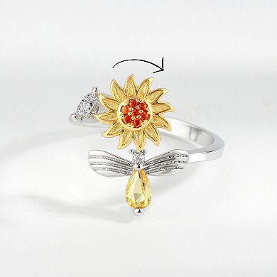 Women's Sunflower Adjustable Ring with Delicate Leaf Accent and Silver Tone Band 0.6in