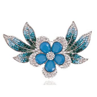 Womens Silver Blue Green Crystal Rhinestones Tropical Hawaiian Flower Brooch Pin
