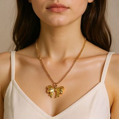 Bow Pendant Necklace with Sculpted Ribbon Charm Minimalist Chain Jewelry