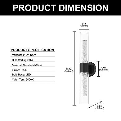 21.7in Modern Linear Wall Sconce 2 Pack Black LED Light Bubble Glass Cylinder Shade for Hallway