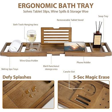 KSIZUIS Bamboo Adjustable Bathtub Tray Caddy-28.5-40"with Wine&Tablet Holder,Walnut Spa Organizer
