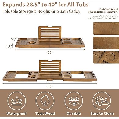 KSIZUIS Bamboo Adjustable Bathtub Tray Caddy-28.5-40"with Wine&Tablet Holder,Walnut Spa Organizer