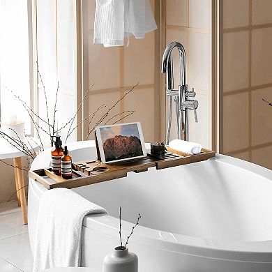 KSIZUIS Bamboo Adjustable Bathtub Tray Caddy-28.5-40"with Wine&Tablet Holder,Walnut Spa Organizer