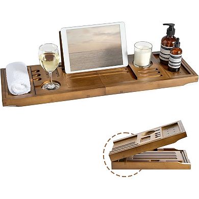 KSIZUIS Bamboo Adjustable Bathtub Tray Caddy-28.5-40"with Wine&Tablet Holder,Walnut Spa Organizer