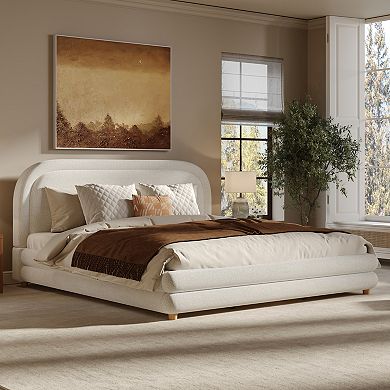 Pnronnc Thick Boucle Curved Wingback Bed Upholstered Platform Bed