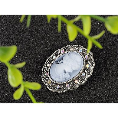 Womens Antique Silver Tone Vintage Braided Rope Cameo Frame Brooch Pin
