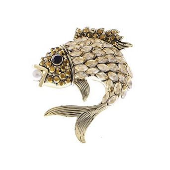 Women's Gold Toned Gunmetal Champagne Rhinestone Crystals Faux Pearl Fish Lapel Pin Brooch
