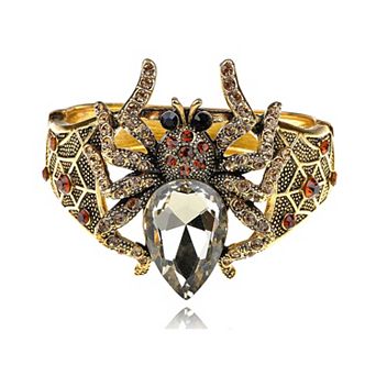 Golden Tone Topaz Clear Rhinestones Big Spider Insect Cuff Bangle Bracelet