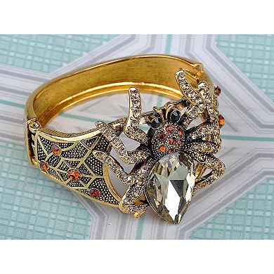Golden Tone Topaz Clear Rhinestones Big Spider Insect Cuff Bangle Bracelet