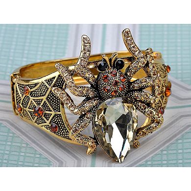 Golden Tone Topaz Clear Rhinestones Big Spider Insect Cuff Bangle Bracelet
