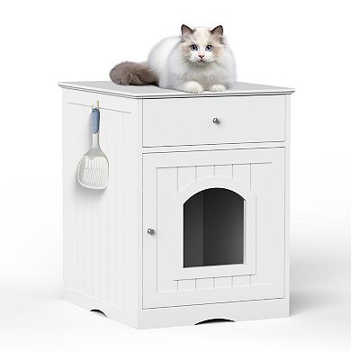 Merax Wooden Pet House Cat Litter Box Enclosure with Drawer, Side Table, Indoor Pet Crate