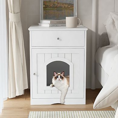 Merax Wooden Pet House Cat Litter Box Enclosure with Drawer, Side Table, Indoor Pet Crate